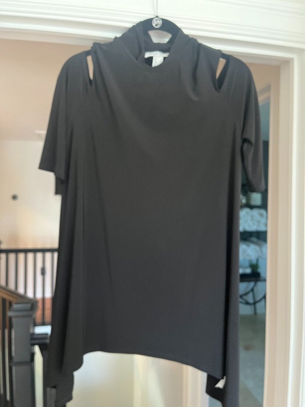 Joseph Ribkoff Black Draped Faux-Wrap Cocktail Top - Sheer Sleeves - Size 10
